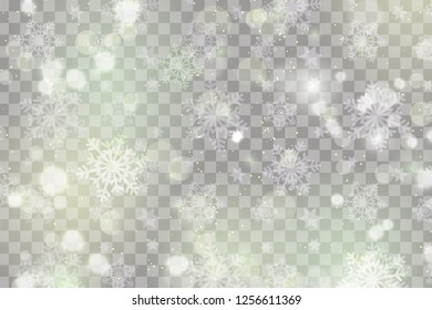 White abstract background with bokeh light, glitter lights or sparkles. Design - template. Vector heavy snowfall, snowflakes in different shapes and forms.