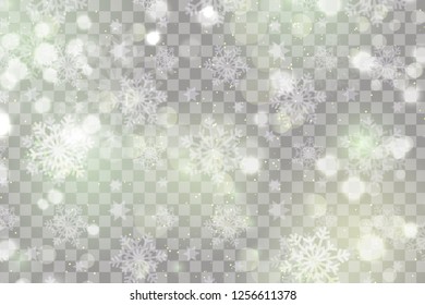 White abstract background with bokeh light, glitter lights or sparkles. Design - template. Vector heavy snowfall, snowflakes in different shapes and forms.