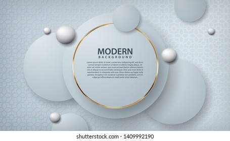 White abstract background with circle overlap layers. Gray texture with golden line effect decoration. Realistic backdrop.