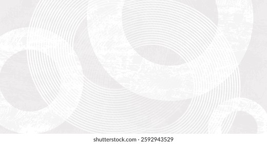 White abstract background with white circle rings in faded distressed vintage grunge texture design, old geometric pattern paper in modern art design
