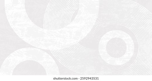 White abstract background with white circle rings in faded distressed vintage grunge texture design, old geometric pattern paper in modern art design