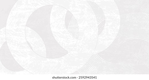 White abstract background with white circle rings in faded distressed vintage grunge texture design, old geometric pattern paper in modern art design