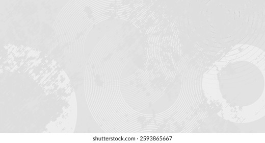 White abstract background with white circle rings in faded distressed vintage grunge texture design, old geometric pattern paper in modern art design