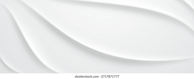 Fundo abstrato branco com formas curvas e sombras suaves, criando uma sensação de profundidade e fluidez.