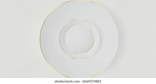 White abstract background with embossed 3D circle design and luxurious and shiny golden circle lines. Collection of luxurious and elegant geometric backgrounds. EPS. 5