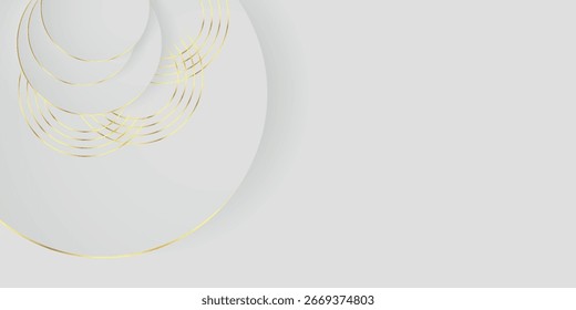Fundo abstrato branco com design de círculo em relevo 3D e linhas de círculo dourado luxuosas e brilhantes. Coleção de fundos geométricos luxuosos e elegantes. EPS. 3