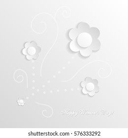 White abstract background with white flowers. Delicate 3D greeting card for the International Women's Day. Congratulations on March 8! Cut paper elements. Origami, applique. World Day of the woman. 