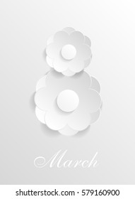 White abstract background with flowers. Delicate 3D greeting card for the International Women's Day. Congratulations on March 8! Cut paper elements. Origami, applique. World Day of the woman. 