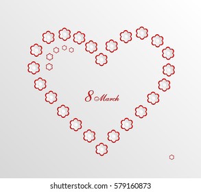 White abstract background with flowers in the shape of a heart. Delicate 3D greeting card for the International Women's Day. Congratulations on March 8! Cut paper elements. Origami, applique.