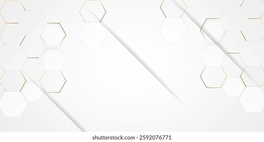 White abstract background with geometric hexagon patterns and gold accents. Clean and modern design for presentations, branding, and digital use