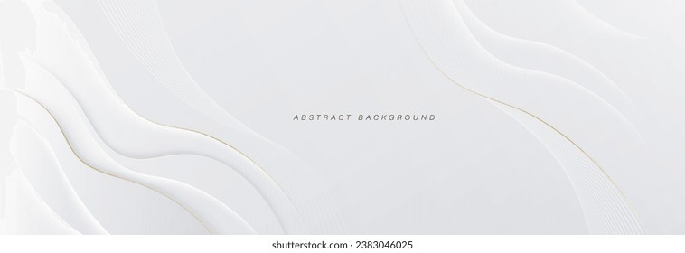 White abstract background with golden lines decoration. Modern glowing white wave design. Smooth and clean texture. Elegant concept. Suit for banner, brochure, card, cover, flyer, poster, backdrop