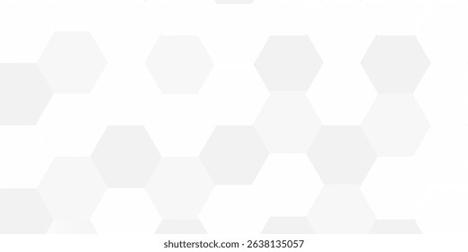 White abstract background with hexagons. Geometric backdrop 3D.  Vector illustration with honeycomb in realistic style. White wall. Horizontal banner. Modern design for wallpaper, flyer, poster. Stock