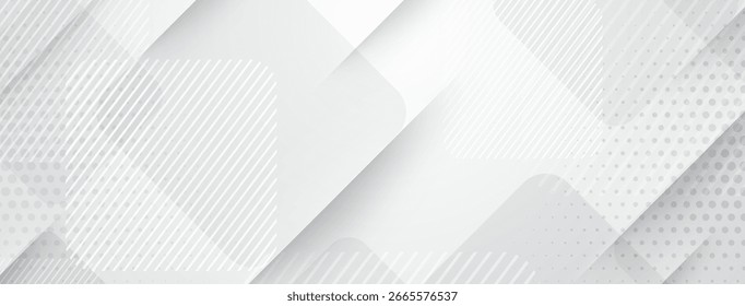 Fundo abstrato branco com formas em camadas, linhas e pontos criando um efeito suave e dinâmico.