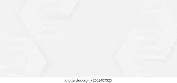 White abstract background with light geometric hexagon lines and soft shadows