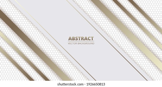 White abstract background with light hexagon carbon fiber and golden diagonal lines. Futuristic luxury modern light geometric backdrop.