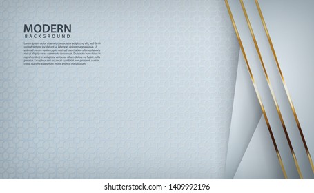 White abstract background with overlap layers. Gray texture with golden line effect decoration. Realistic backdrop.