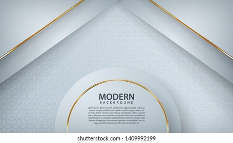 White abstract background with overlap layers. Gray texture with golden line effect decoration. Realistic backdrop.
