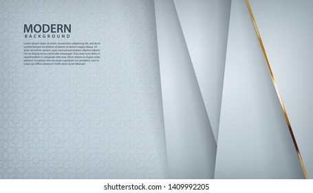 White abstract background with overlap layers. Gray texture with golden line effect decoration. Realistic backdrop.