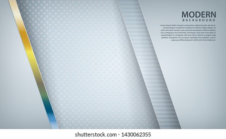 White abstract background with overlap layers. Gray texture with golden line effect decoration. Realistic backdrop.
