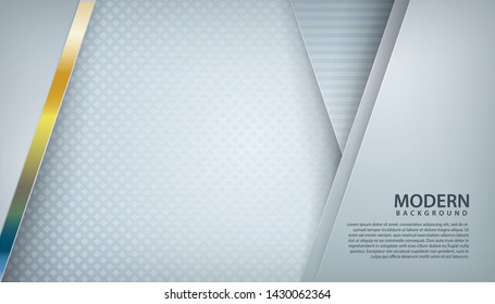White abstract background with overlap layers. Gray texture with golden line effect decoration. Realistic backdrop.