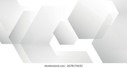 Fondo abstracto blanco con capas decorativas superpuestas de efecto hexagonal de gradiente gris y blanco. Concepto de elemento de línea moderno para Anuncios, carteles, volantes, tarjetas, cubiertas o folletos.