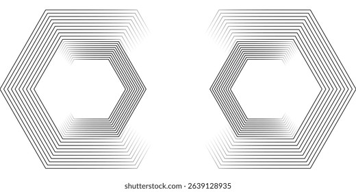 White abstract background with pentagons. Twisted circular line pattern. Geometric spiral. Rotating elements. Modern graphic design. Futuristic technology concept.