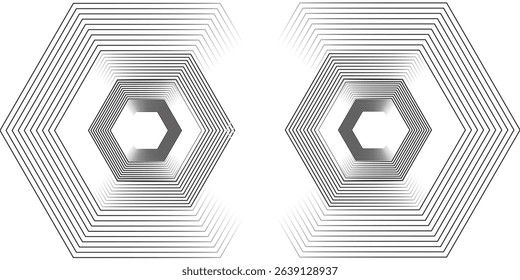 White abstract background with pentagons. Twisted circular line pattern. Geometric spiral. Rotating elements. Modern graphic design. Futuristic technology concept.