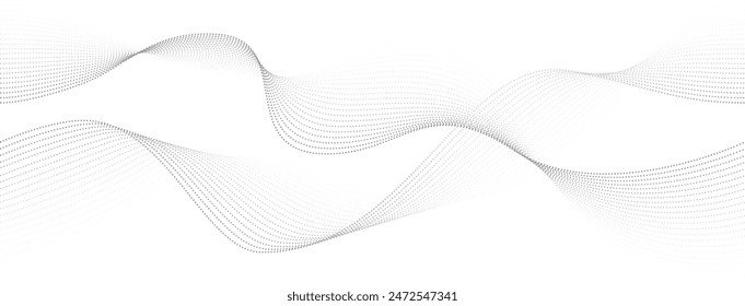 White abstract background with seamless gray flowing dot particles, wave pattern or halftone gradient curve shape. Vector concept of futuristic technology, science, music, modern.