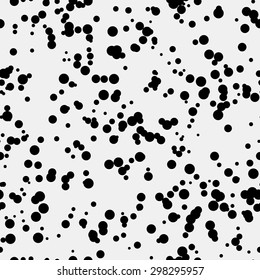 White abstract background with seamless random black circles, dots, film grain, noise, dotwork, grunge texture for design concepts, banners, posters, web, presentations and prints. Vector illustration