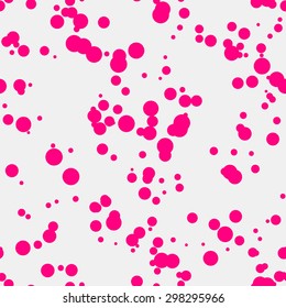 White abstract background with seamless random magenta circles, dots, film grain, noise, dotwork, grunge texture for design concepts, banners, posters, web, presentations, prints. Vector illustration.