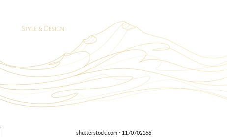 White abstract background, wallpaper design with golden line hills, waves, text. Music premium art concept with waveforms, gold lines, modern print. Electronic, classic musical creative illustration 