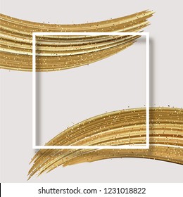 White abstract card with square frame and gold shiny brushstrokes. Creative design template. Vector paper background.