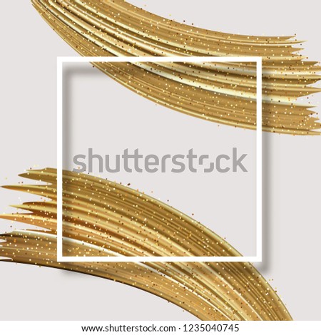 White abstract card with square frame and golden shiny brush strokes. Creative design template. Vector paper background.
