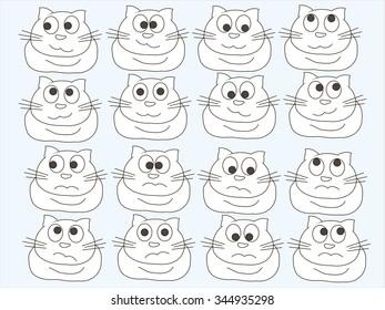White abstract cat in different moods, on a blue background. Sad, happy, surprised, embarrassed, angry, happy, dreamy. Sketch, design element