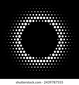 Weißer abstrakter Kreisrahmen mit Halbtonpunkten. Vektor-Emblem-Design-Element isoliert auf schwarzem Hintergrund. Runder Rahmen mit Punktstruktur.