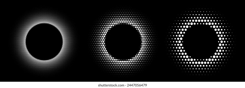 White abstract circle frames set with halftone dots. Vector emblem design elements collection isolated on black background. Round border with dots texture.