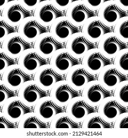 White abstract circles spiral halftone seamless pattern on the black background. Vector illustration.