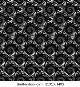 White abstract circles spiral halftone seamless pattern on the black background. Vector illustration.