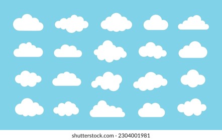 Conjunto de ilustraciones en la nube abstractas blancas. Colección de nubes esponjosas y mullidas. Forma blanca turbia aislada en un fondo azul. Elemento de decoración de vector plano.