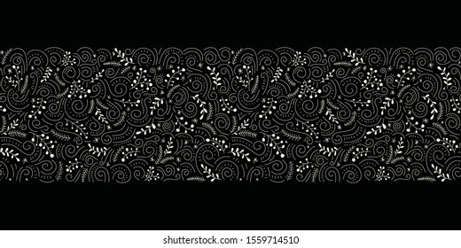 White Abstract Doodle Christmas Foliage, Holly Berries, Mistletoe, Fir Tree and Pine Branches on Black Background Horizontal Vector Seamless Border. Monochrome Cute Festive Winter Holidays Pattern