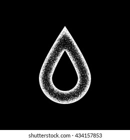 White abstract drop badge, blank button template with film grain, noise, dotwork, grunge texture and black background for logo, design concepts, posters, banners, web and prints. Vector illustration