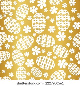White abstract Easter eggs and daisy flower seamless pattern on gold background. 