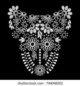 white abstract embroidery artwork design for neckline clothing, isolated vector on black background
