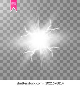 White abstract energy shock explosion special light effect with spark. Vector glow power lightning cluster. Electric discharge on transparent background. High voltage charged core. Vector