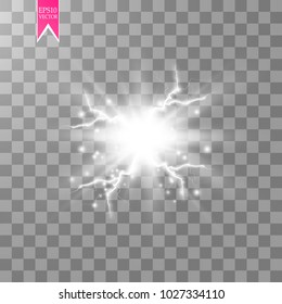 White abstract energy shock explosion special light effect with spark. Vector glow power lightning cluster. Electric discharge on transparent background. High voltage charged core. Vector