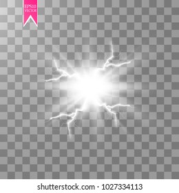 White abstract energy shock explosion special light effect with spark. Vector glow power lightning cluster. Electric discharge on transparent background. High voltage charged core. Vector