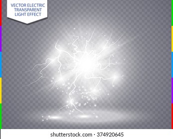 White abstract energy shock explosion special light effect with spark. Vector glow power lightning cluster. Electric discharge on transparent background. High voltage charged core