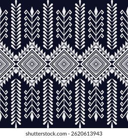 White abstract ethnic pattern. Geometric oriental tribal on blue background folk embroidery textile fashion. Embroidery Aztec style. Design for background, wallpaper, fabric, clothing, Sarong, Saree