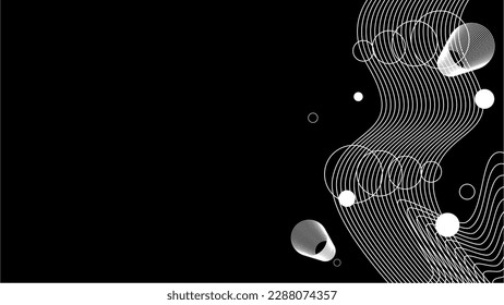White Abstract Experimental Waterfall Lines Wave with Bubble Flow, Black Background
