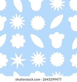 White abstract flower and leaf silhouettes on pastel blue background. Seamless flat pattern. Repeating botanical design. 